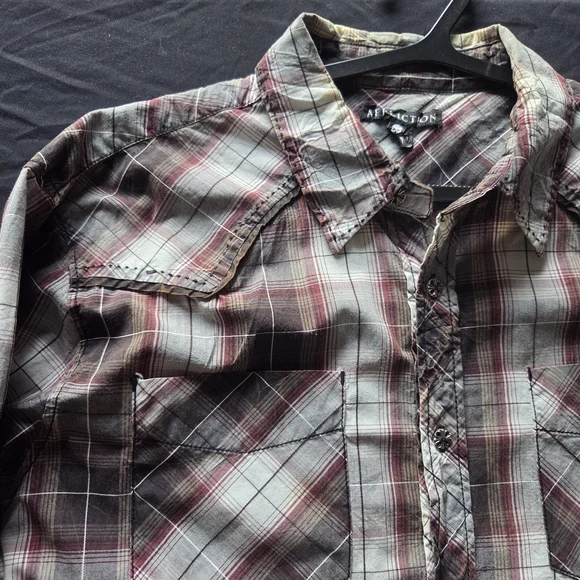 Affliction Mens Red and Black Long Sleeve Plaid Button Down Shirt - Picture 5 of 7